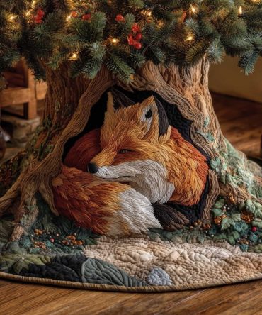 Handcrafted Fox Woodland Christmas Tree Skirt — Custom-Made Tree Skirt Featuring Curled Fox In Tree Hollow For Cozy Holiday Decor