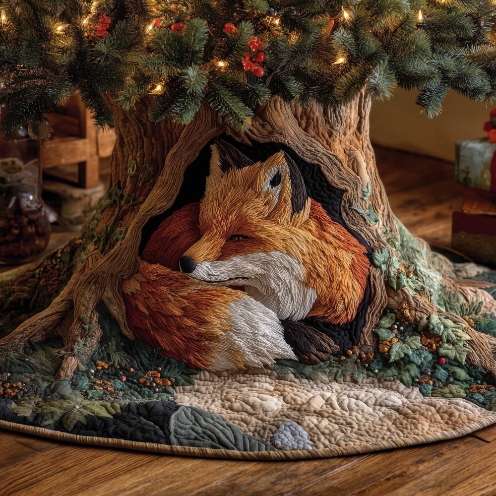 Handcrafted Fox Woodland Christmas Tree Skirt — Custom-Made Tree Skirt Featuring Curled Fox In Tree Hollow For Cozy Holiday Decor