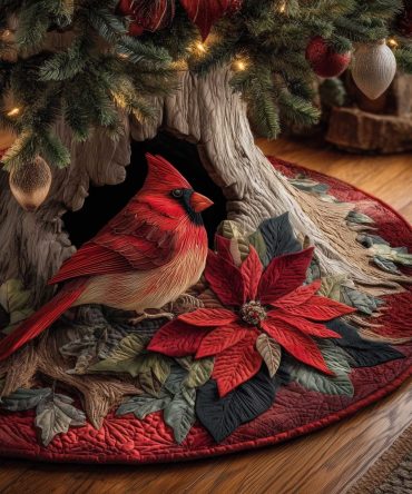 Cardinal With Red Poinsettias Christmas Tree Skirt — Classic Holiday Elegance, Custom-Made Floral & Bird Décor, Machine Washable