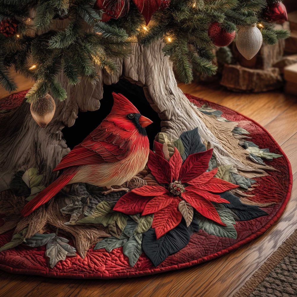 Cardinal With Red Poinsettias Christmas Tree Skirt — Classic Holiday Elegance, Custom-Made Floral & Bird Décor, Machine Washable