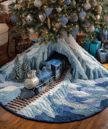 Blue Mountain Steam Train Christmas Tree Skirt — Custom Handmade Scenic Holiday Tree Collar, Soft Premium Fabric