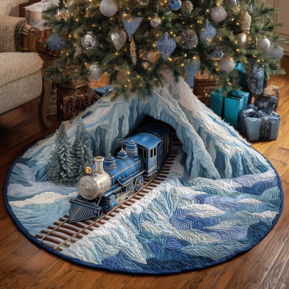 Blue Mountain Steam Train Christmas Tree Skirt — Custom Handmade Scenic Holiday Tree Collar, Soft Premium Fabric