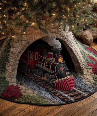 Custom Stone Tunnel Train Christmas Tree Skirt — Handmade Rustic Holiday Tree Collar, Personalized Gift-Ready Decor