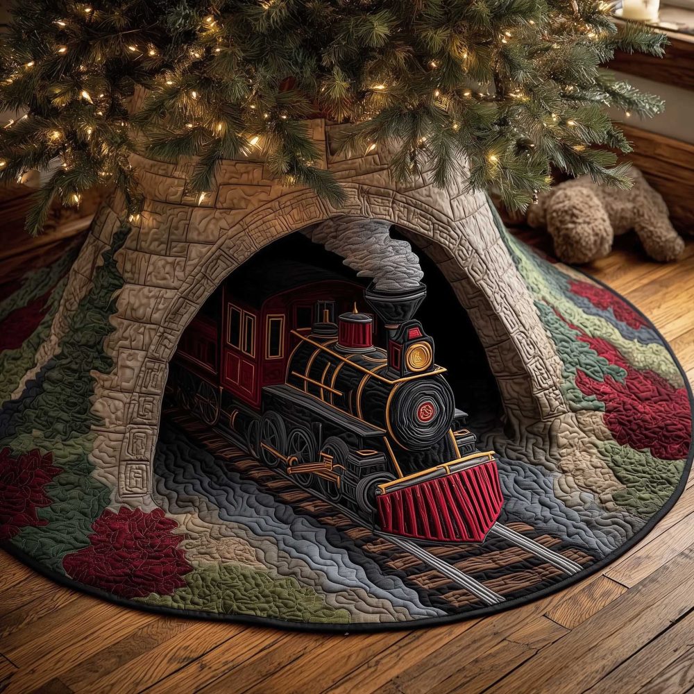 Custom Stone Tunnel Train Christmas Tree Skirt — Handmade Rustic Holiday Tree Collar, Personalized Gift-Ready Decor