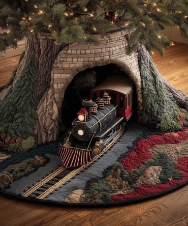 Black Locomotive Brick Tunnel Christmas Tree Skirt — Premium Custom-Made Train-Themed Holiday Tree Collar For Home