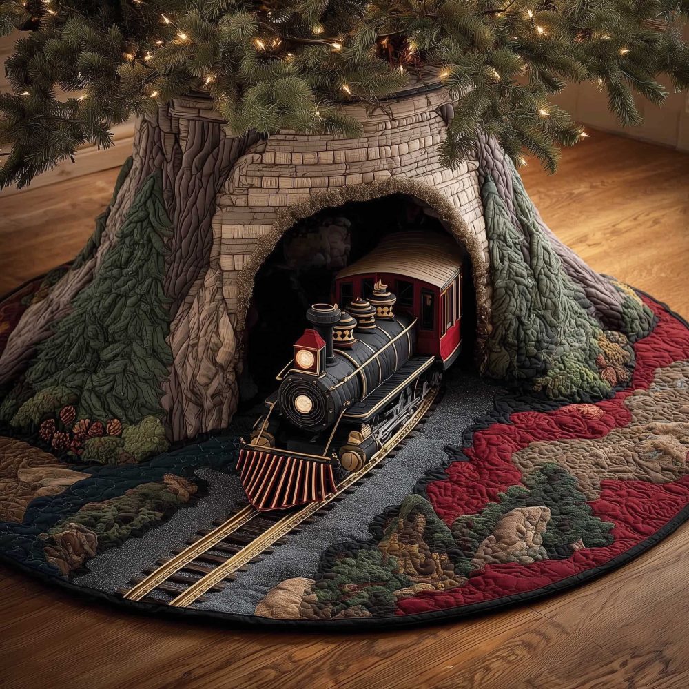 Black Locomotive Brick Tunnel Christmas Tree Skirt — Premium Custom-Made Train-Themed Holiday Tree Collar For Home