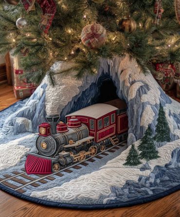Handcrafted Red Train & Ice Cave Christmas Tree Skirt — Custom Made, Deluxe Holiday Tree Collar For Festive Decor