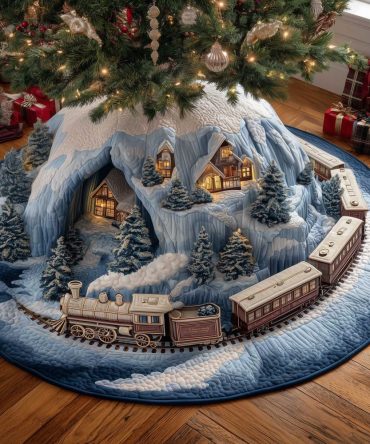 Scenic Snowy Village Train Tunnel Christmas Tree Skirt - Large Handmade Holiday Skirt, Custom Made-To-Order, Vintage Toy Train Theme