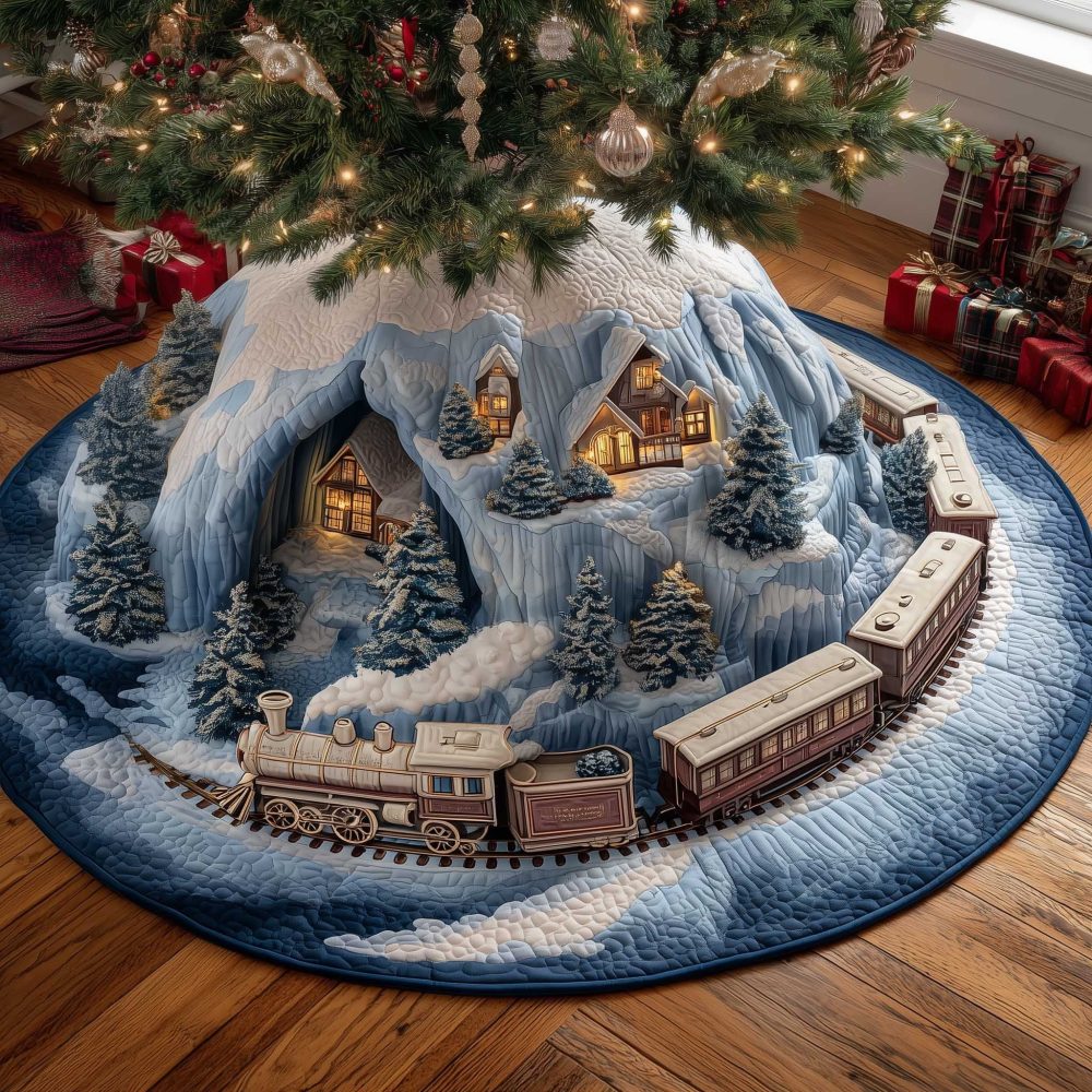 Scenic Snowy Village Train Tunnel Christmas Tree Skirt - Large Handmade Holiday Skirt, Custom Made-To-Order, Vintage Toy Train Theme