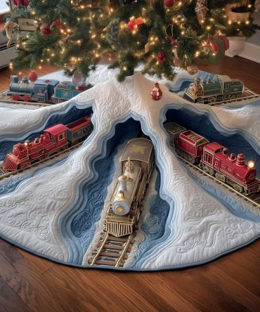 Winter Train Scene Christmas Tree Skirt With Snowy Slopes - Handmade Custom Holiday Skirt, Vintage Train Lovers' Decorative Accent