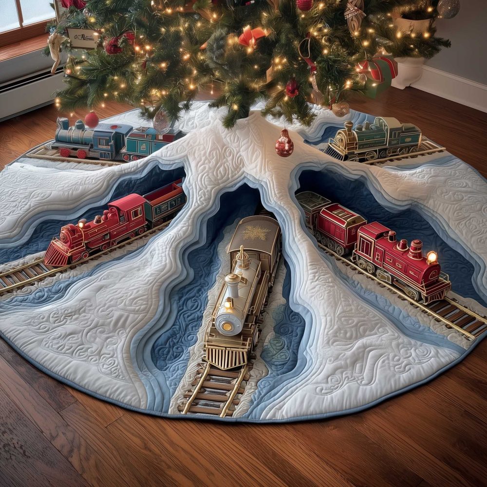 Winter Train Scene Christmas Tree Skirt With Snowy Slopes - Handmade Custom Holiday Skirt, Vintage Train Lovers' Decorative Accent