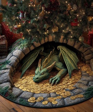 Green Dragon Resting On A Pile Of Gold Christmas Tree Skirt — Premium Fantasy Holiday Décor, Custom-Made & Washable