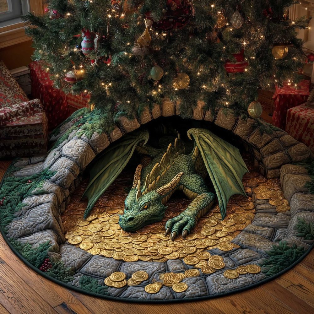 Green Dragon Resting On A Pile Of Gold Christmas Tree Skirt — Premium Fantasy Holiday Décor, Custom-Made & Washable