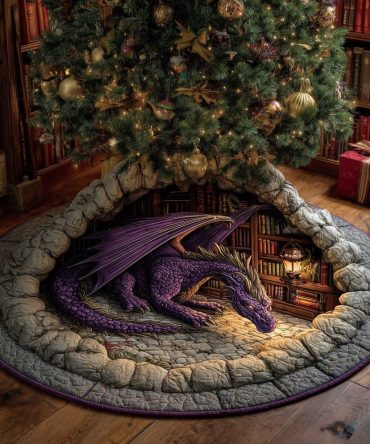 Purple Dragon Perched On Golden Coins Christmas Tree Skirt — Luxurious Fantasy Holiday Décor, Custom Sizes & High-Detail Print