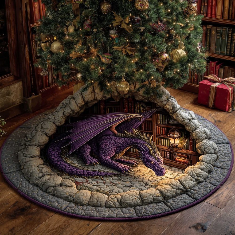 Purple Dragon Perched On Golden Coins Christmas Tree Skirt — Luxurious Fantasy Holiday Décor, Custom Sizes & High-Detail Print