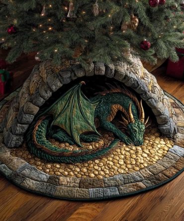 Green Dragon Guarding Treasure Cave Christmas Tree Skirt — Bold Fantasy Holiday Accent, Custom-Made With Premium Materials