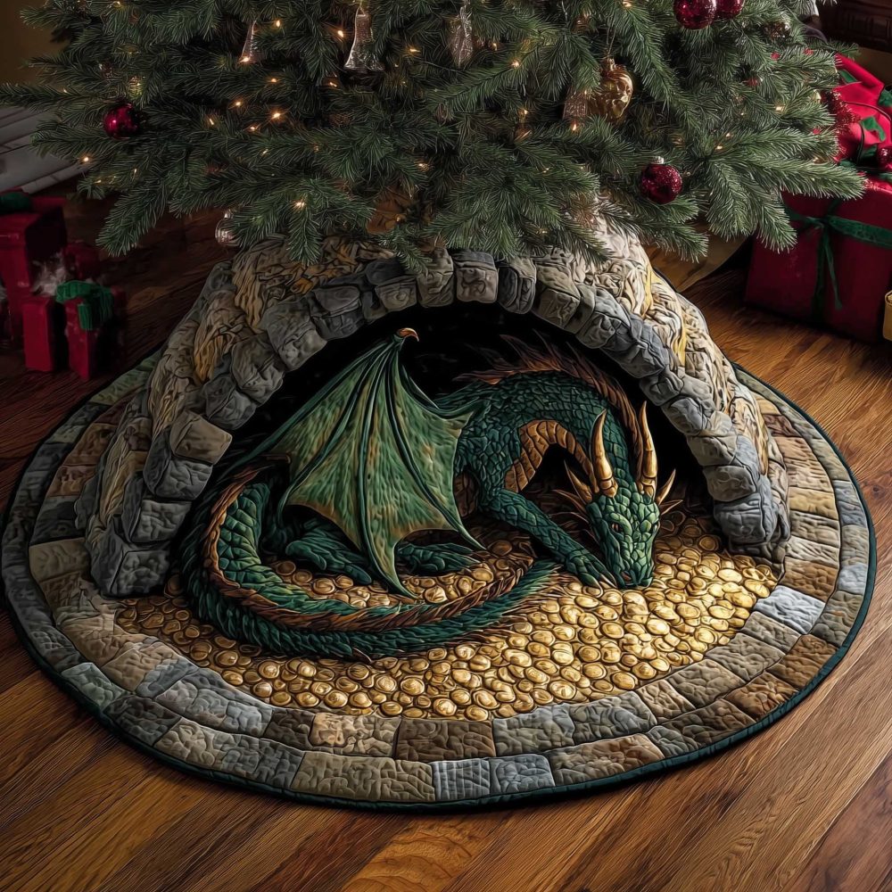Green Dragon Guarding Treasure Cave Christmas Tree Skirt — Bold Fantasy Holiday Accent, Custom-Made With Premium Materials