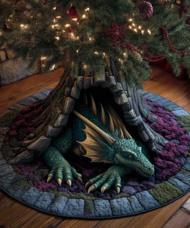Teal Dragon In Stone Cave Christmas Tree Skirt — Custom Fantasy Holiday Décor With Vivid Print, Durable & Washable