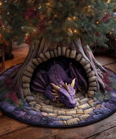 Royal Purple Dragon In Stone Arch Christmas Tree Skirt — Majestic Fantasy Holiday Décor, Custom Sizes & High-Def Print