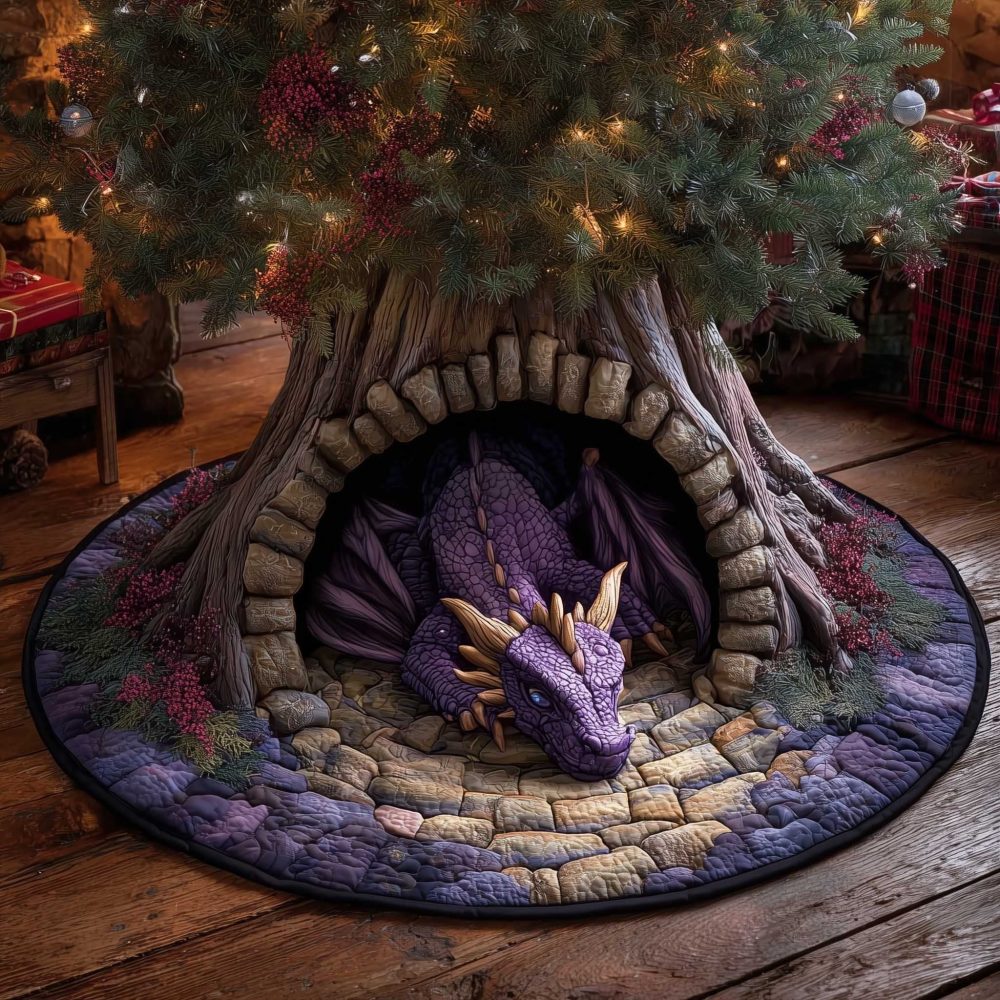 Royal Purple Dragon In Stone Arch Christmas Tree Skirt — Majestic Fantasy Holiday Décor, Custom Sizes & High-Def Print