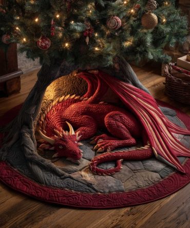 Sleeping Red Dragon On Quilted Red Tree Skirt — Fantasy Christmas Décor, Custom-Made Premium Fabric & Vibrant Print