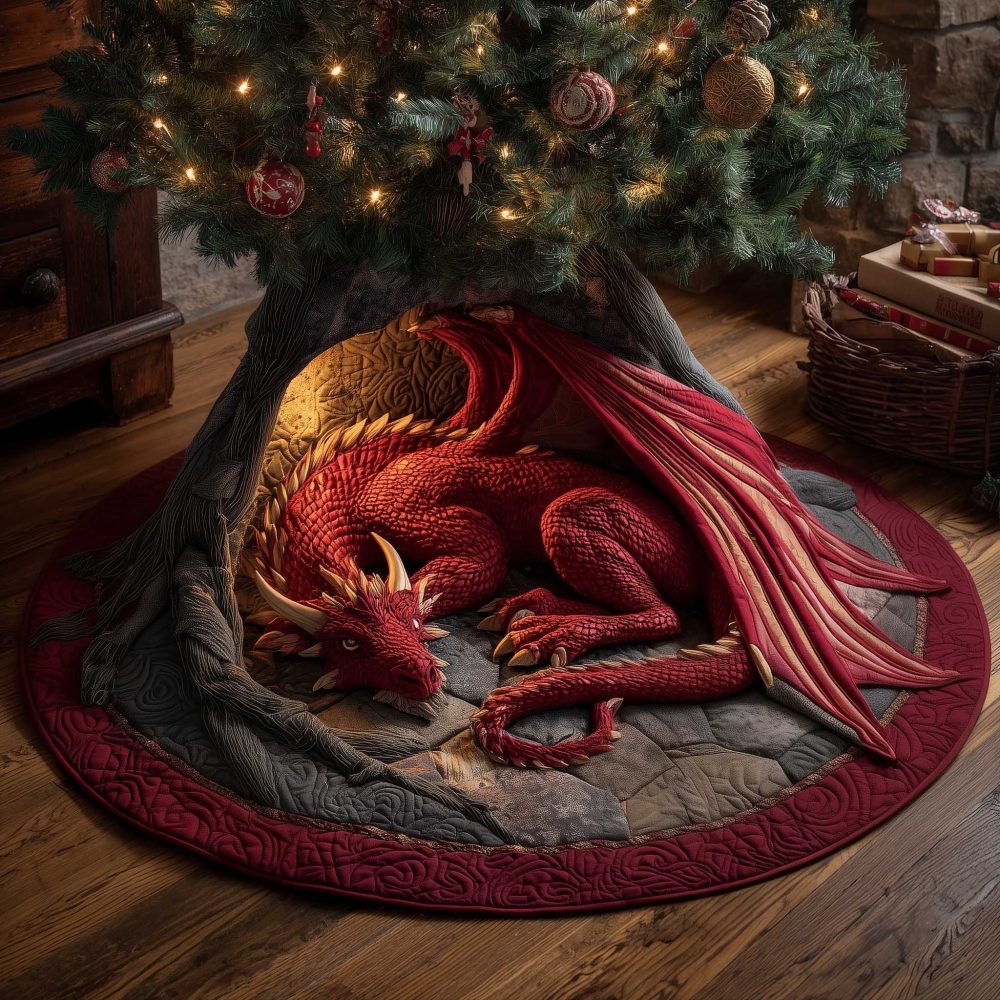 Sleeping Red Dragon On Quilted Red Tree Skirt — Fantasy Christmas Décor, Custom-Made Premium Fabric & Vibrant Print