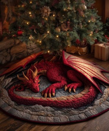 Red Dragon With Spread Wings Holiday Tree Skirt — Bold Fantasy Christmas Decor, Custom Size Options & Durable Fabric