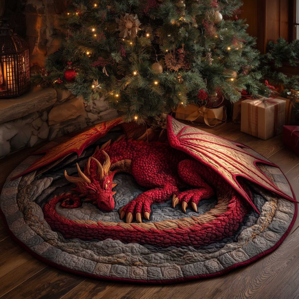 Red Dragon With Spread Wings Holiday Tree Skirt — Bold Fantasy Christmas Decor, Custom Size Options & Durable Fabric