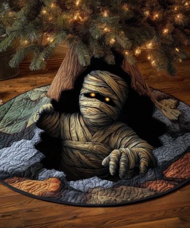Rising Mummy From Stone Crypt Christmas Tree Skirt — Custom Gothic Holiday Décor, High-Resolution Print & Machine Washable