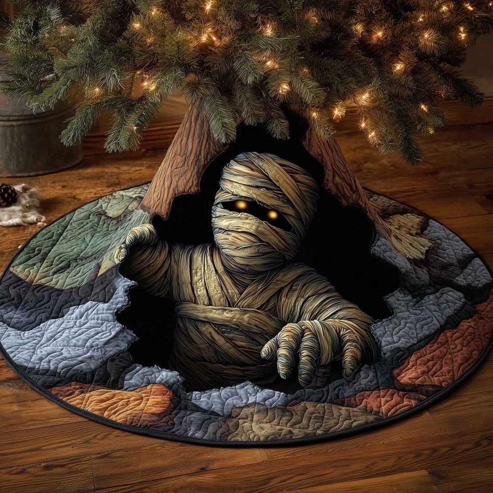 Rising Mummy From Stone Crypt Christmas Tree Skirt — Custom Gothic Holiday Décor, High-Resolution Print & Machine Washable
