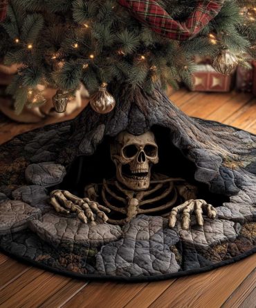 Haunted Skeleton In Stone Hollow Christmas Tree Skirt — Custom Gothic Holiday Skirt, High-Quality Print & Washable Fabric