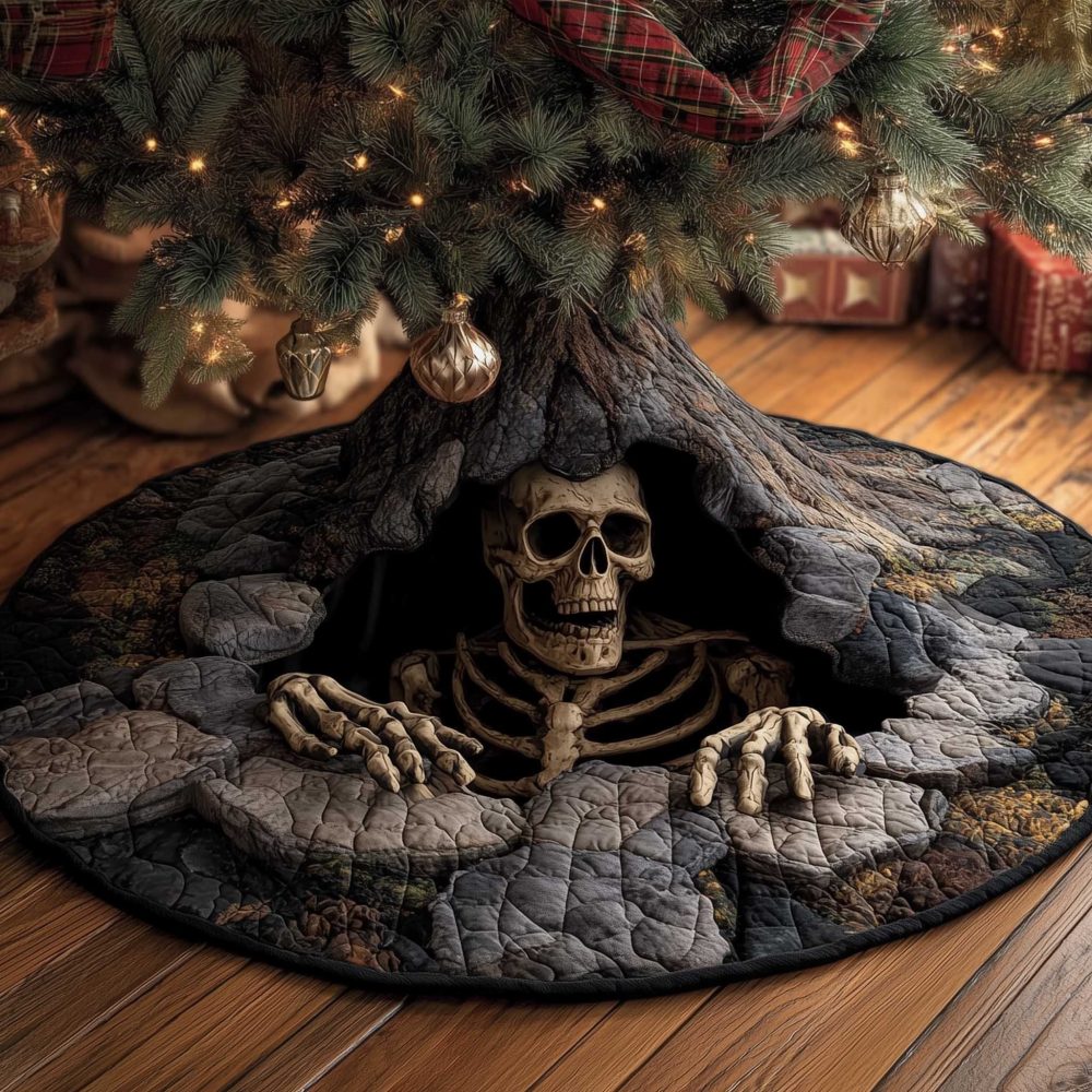 Haunted Skeleton In Stone Hollow Christmas Tree Skirt — Custom Gothic Holiday Skirt, High-Quality Print & Washable Fabric