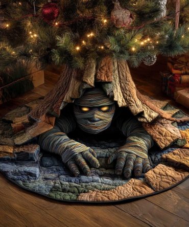 Mummy Crawling Under Tree Roots Holiday Tree Skirt — Unique Ancient-Egypt Inspired Christmas Décor, Custom & Durable