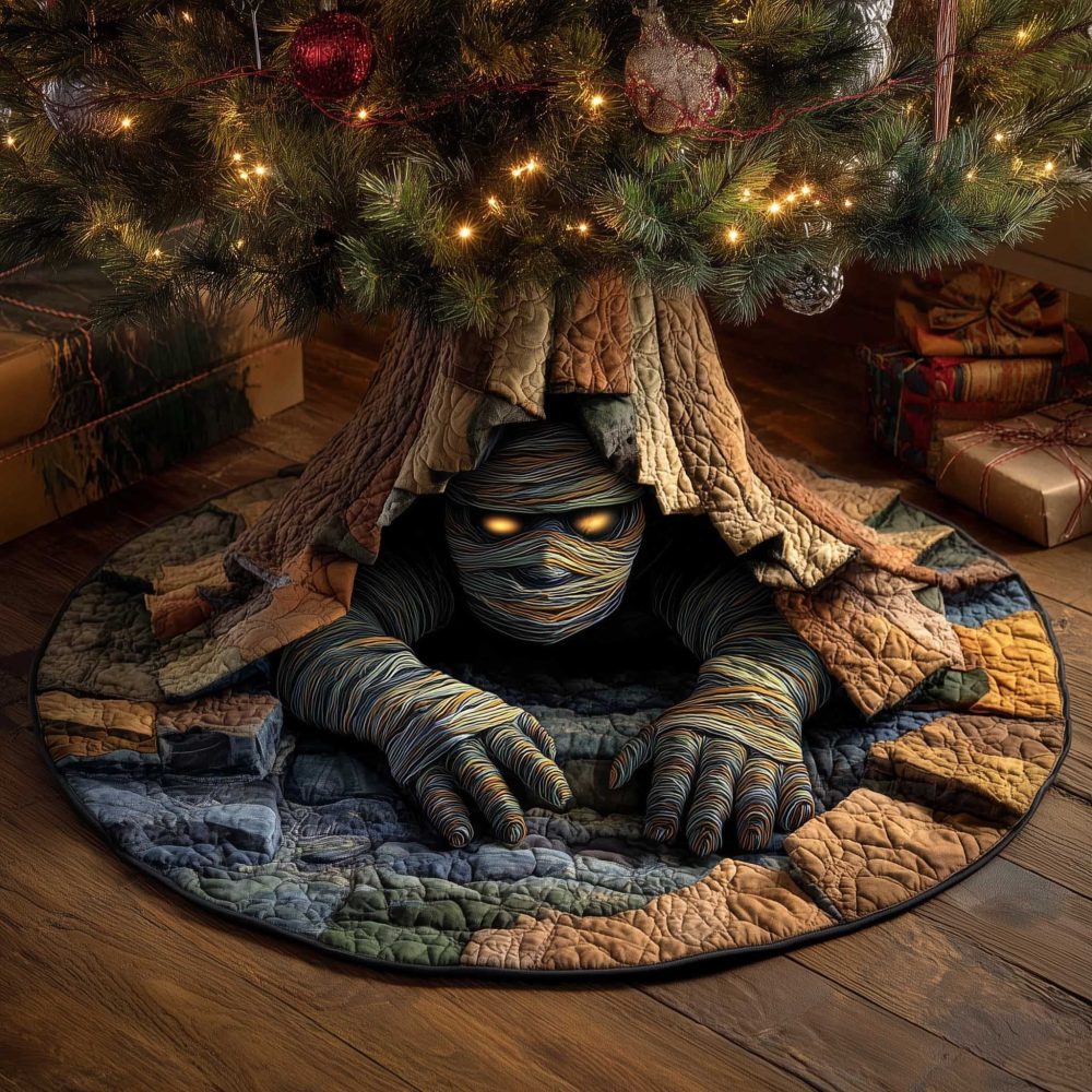 Mummy Crawling Under Tree Roots Holiday Tree Skirt — Unique Ancient-Egypt Inspired Christmas Décor, Custom & Durable