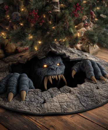 Spooky Cave Monster Christmas Tree Skirt With Glowing Eyes — Unique Gothic Holiday Décor, Custom-Made & Fade-Resistant
