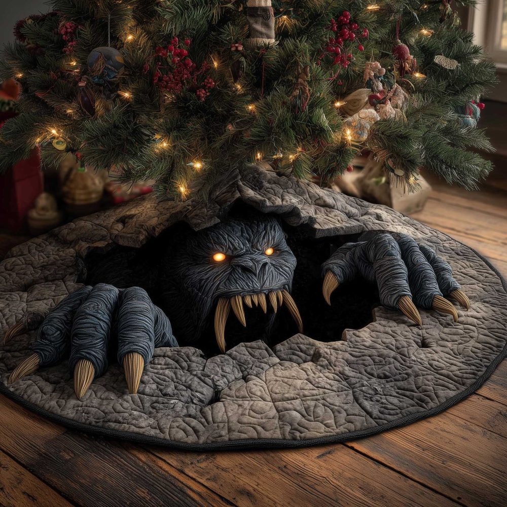 Spooky Cave Monster Christmas Tree Skirt With Glowing Eyes — Unique Gothic Holiday Décor, Custom-Made & Fade-Resistant