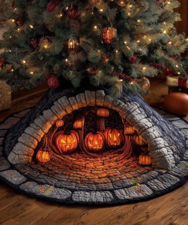 Glowing Pumpkins In Stone Tunnel Christmas Tree Skirt — Custom Handmade Fall-To-Winter Holiday Collar, Unique Halloween-Christmas Accent