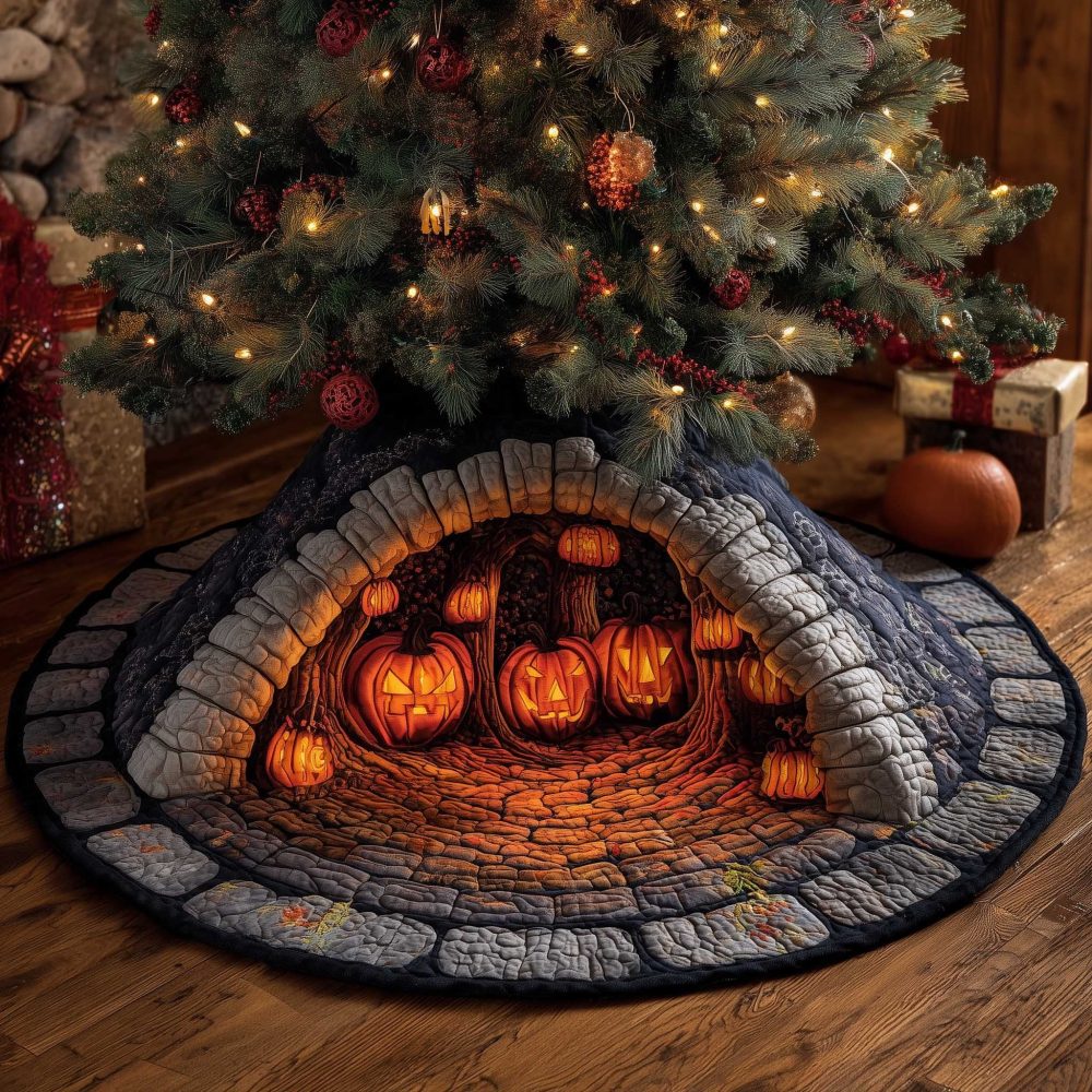 Glowing Pumpkins In Stone Tunnel Christmas Tree Skirt — Custom Handmade Fall-To-Winter Holiday Collar, Unique Halloween-Christmas Accent