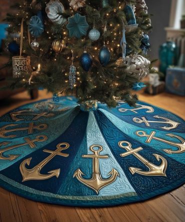 Custom Teal Nautical Christmas Tree Skirt With Gold Anchor Accents — Handcrafted Holiday Décor, Durable & Custom-Sized