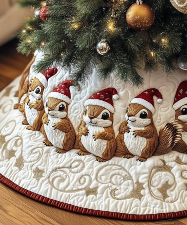 Cream Chipmunks In Santa Hats Tree Skirt - Adorable Handmade Christmas Tree Skirt, Custom Holiday Base With Festive Chipmunk Design