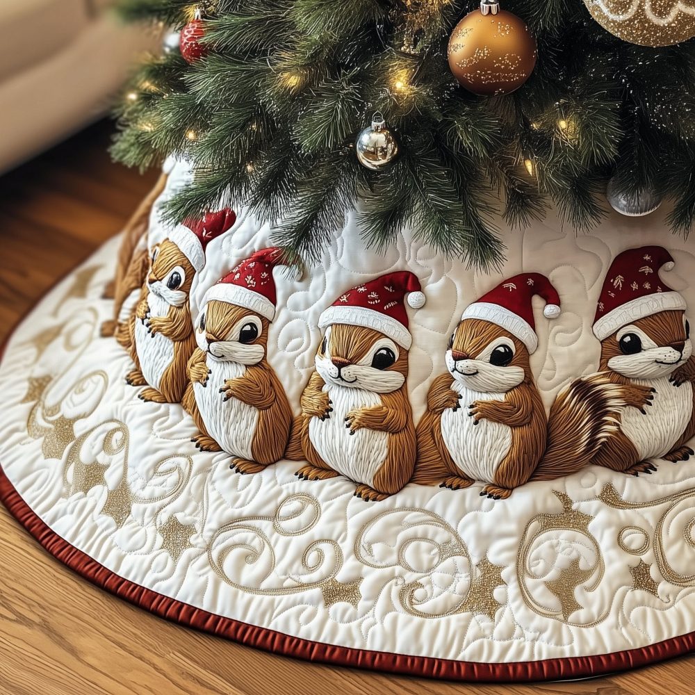 Cream Chipmunks In Santa Hats Tree Skirt - Adorable Handmade Christmas Tree Skirt, Custom Holiday Base With Festive Chipmunk Design