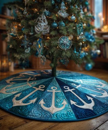 Ocean Blue Christmas Tree Skirt With White Anchors — Custom Nautical Holiday Tree Collar, Handmade Seaside-Inspired Home Decor