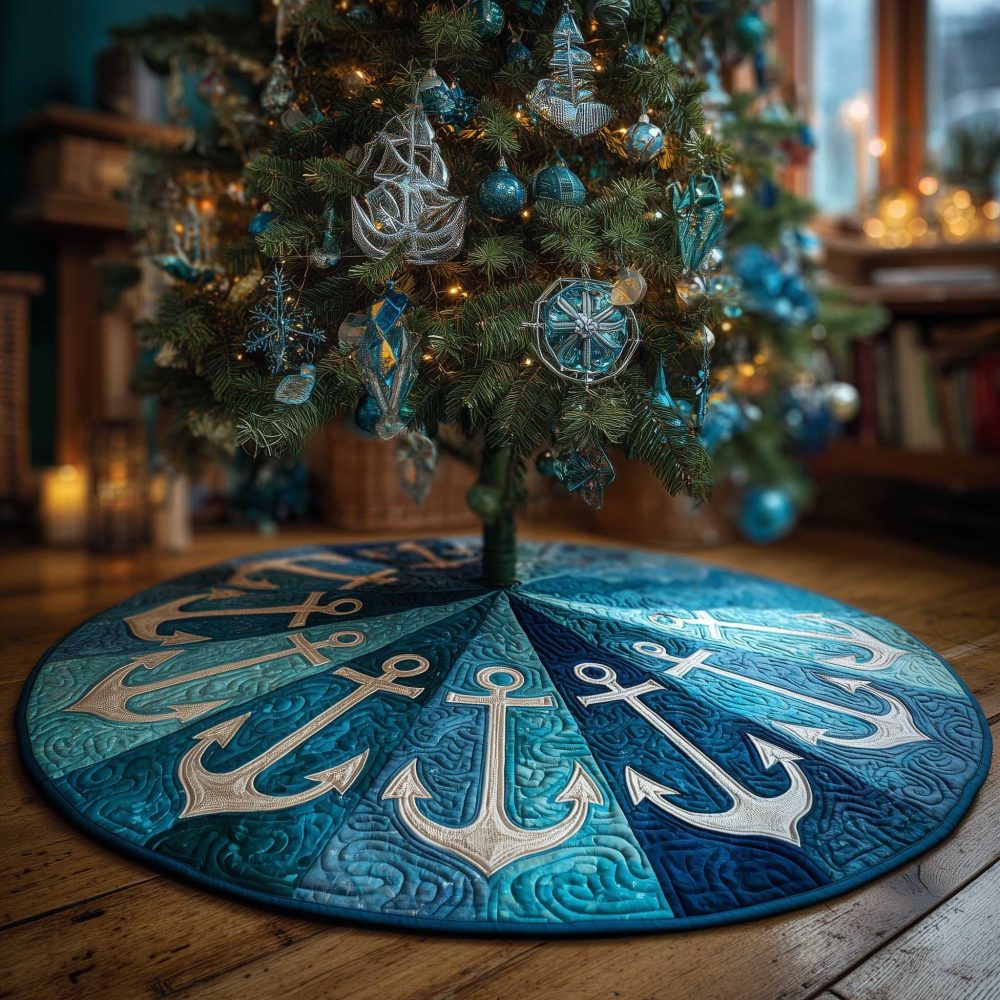 Ocean Blue Christmas Tree Skirt With White Anchors — Custom Nautical Holiday Tree Collar, Handmade Seaside-Inspired Home Decor