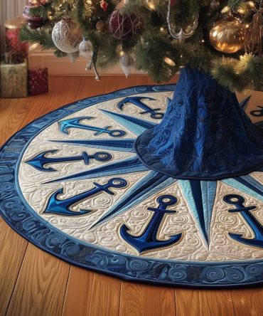 Nautical Navy Anchors On Cream Wheel Christmas Tree Skirt — Custom-Made Seaside Holiday Tree Collar, Coastal Home Accent