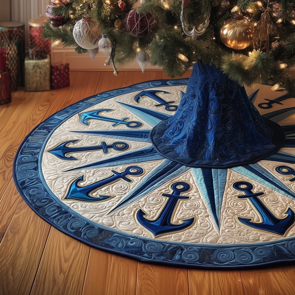 Nautical Navy Anchors On Cream Wheel Christmas Tree Skirt — Custom-Made Seaside Holiday Tree Collar, Coastal Home Accent