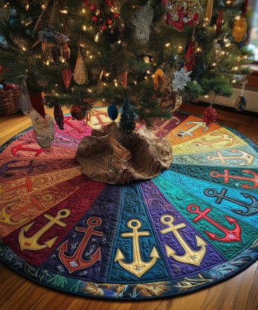 Rainbow Wedge Anchors Christmas Tree Skirt — Handmade Multicolor Nautical Holiday Collar, Custom Size For Coastal-Themed Decor