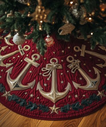 Deep Red Christmas Tree Skirt With Ivory Anchors — Custom Handmade Nautical Holiday Collar, Rich Festive Seaside Accent
