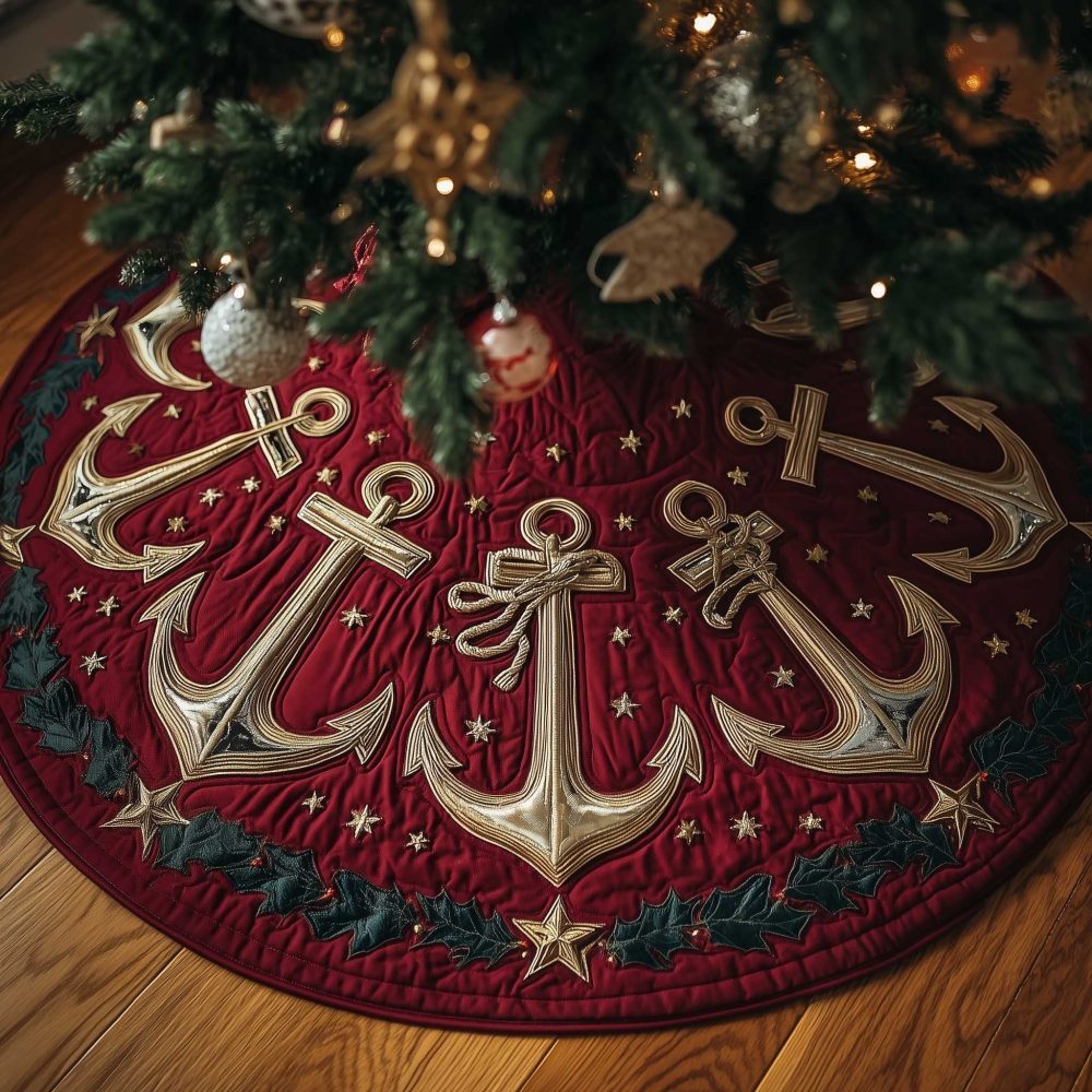 Deep Red Christmas Tree Skirt With Ivory Anchors — Custom Handmade Nautical Holiday Collar, Rich Festive Seaside Accent