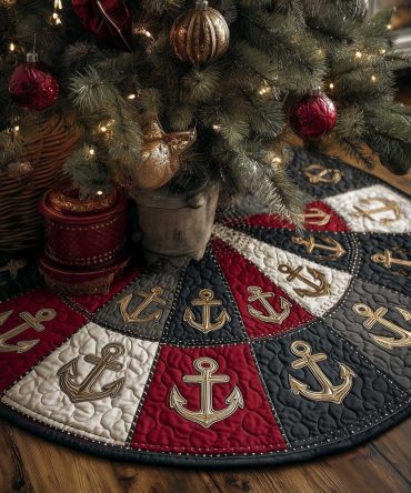Red & Charcoal Wedge Anchors Christmas Tree Skirt — Custom-Made Nautical Holiday Collar, Bold Two-Tone Seaside Decor