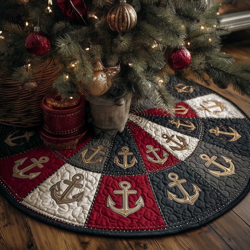 Red & Charcoal Wedge Anchors Christmas Tree Skirt — Custom-Made Nautical Holiday Collar, Bold Two-Tone Seaside Decor